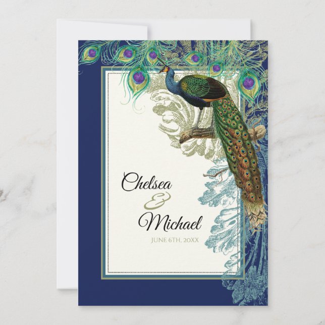 Vintag Peacock Feathers Navy Blue - Hochzeit Einladung (Rückseite)