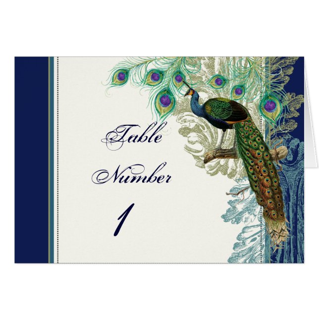 Vintag Peacock Feathers Tischnummern Navy Blue (Vorderseite (Horizontal))