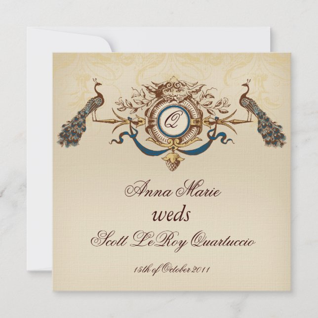 Vintag Peacock Square Wedding Einladung Linen #6 (Vorderseite)