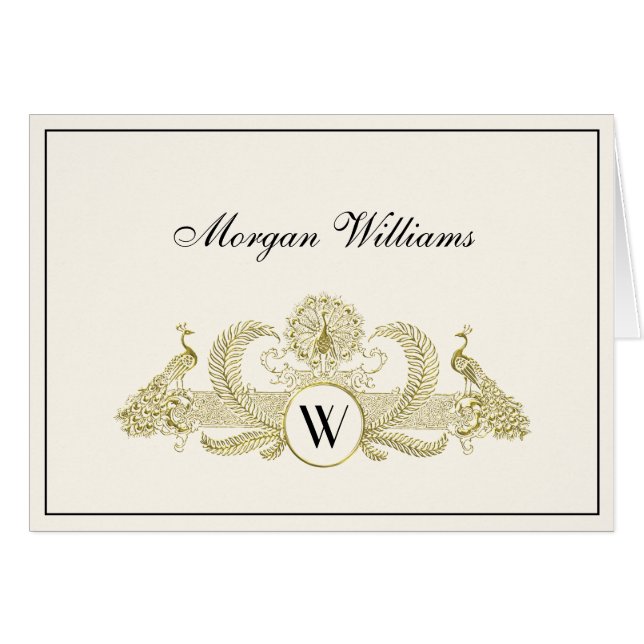 Vintag Peacocks Monogram Imitate Gold Ivory BG (Vorderseite (Horizontal))