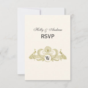 Vintag Peacocks Monogram Imitate Gold Ivory BG RSVP Karte