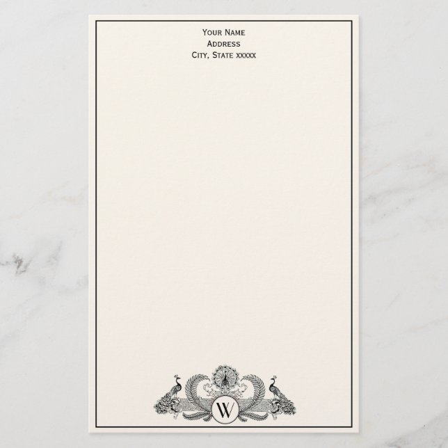 Vintag Peacocks Monogram Ivory BG Briefpapier (Vorderseite)