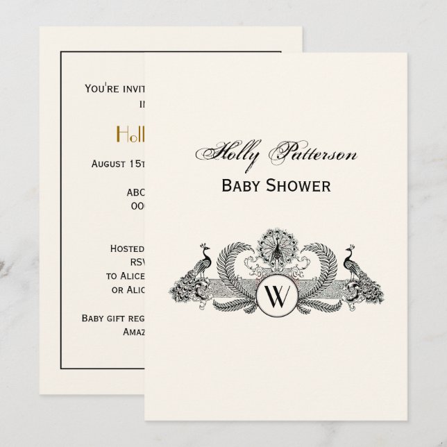 Vintag Peacocks Monogram Ivory BG Einladung (Vorne/Hinten)
