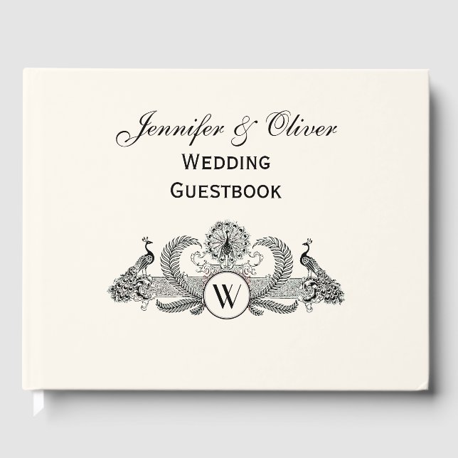 Vintag Peacocks Monogram Ivory BG Gästebuch (Vorderseite)