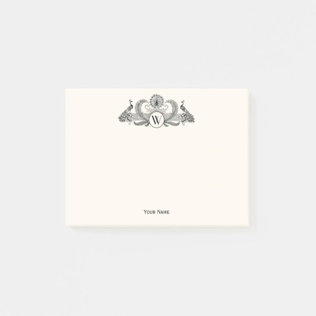 Vintag Peacocks Monogram Ivory BG Post-it Klebezettel (Vorderseite)