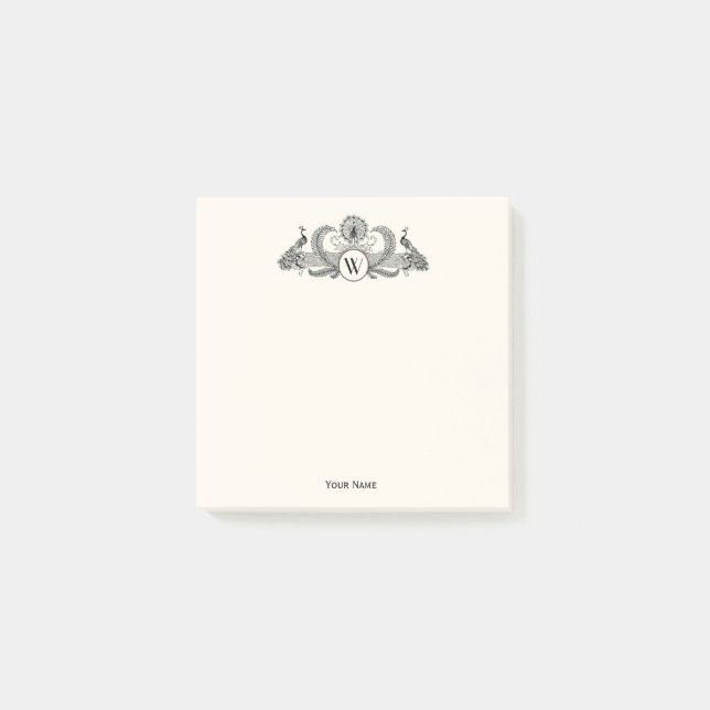 Vintag Peacocks Monogram Ivory BG Post-it Klebezettel (Vorderseite)
