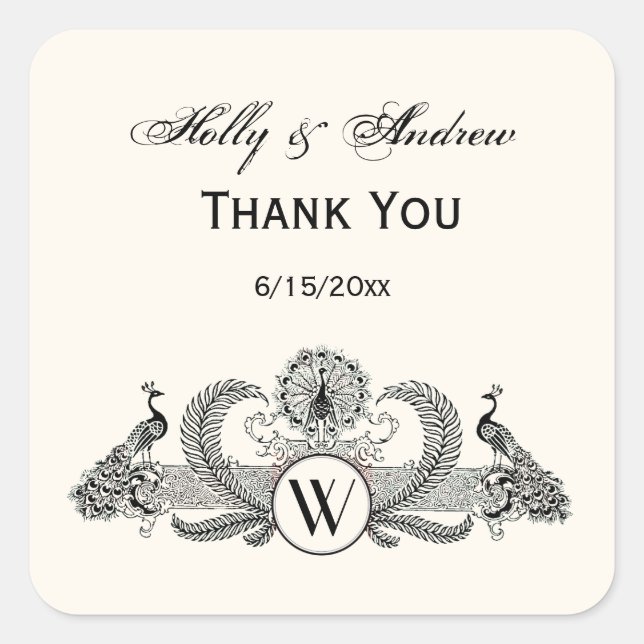 Vintag Peacocks Monogram Ivory BG Quadratischer Aufkleber (Vorderseite)
