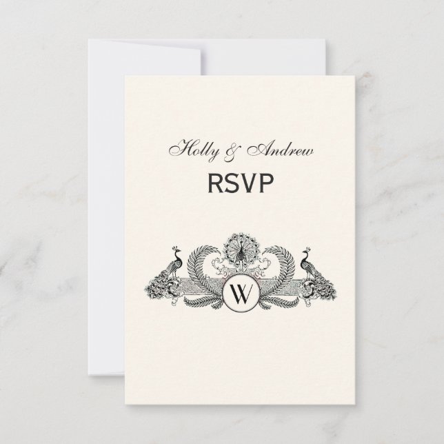 Vintag Peacocks Monogram Ivory BG RSVP Karte (Vorderseite)
