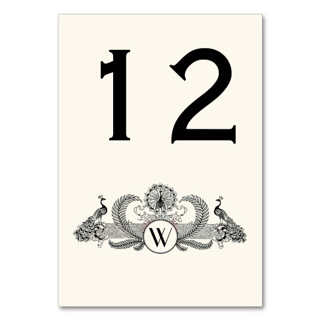 Vintag Peacocks Monogram Ivory BG Tischnummer (Vorderseite)
