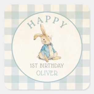 Vintag Peter The Rabbit Blue Gingham 1. Geburtstag Quadratischer Aufkleber