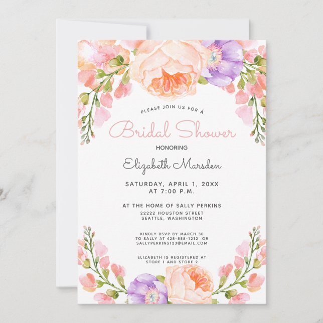 Vintag Pfirsichrosa Lila Brautparty Einladung (Vorderseite)