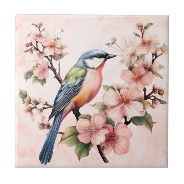 Vintag Pink Avian Blumenmotive Gartenszenen Fliese (Vorderseite)