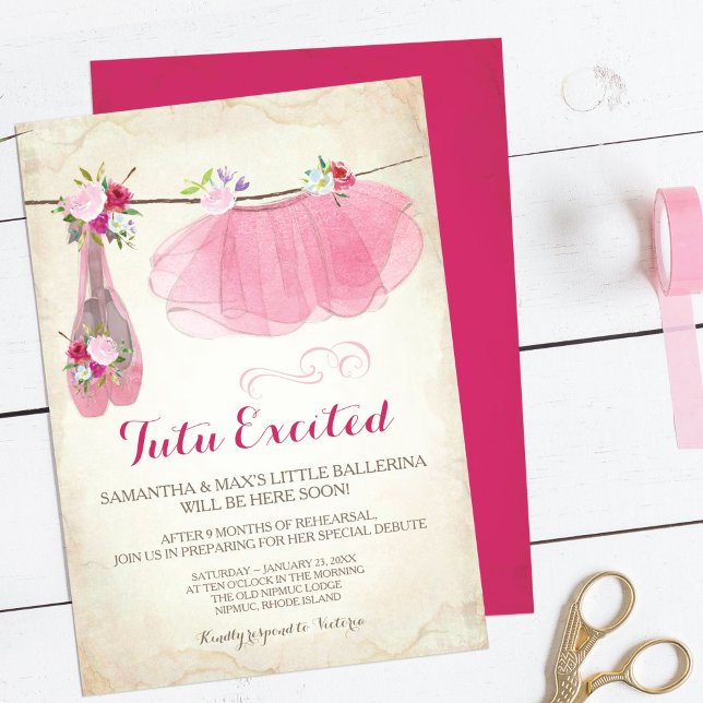 Vintag Pink Ballerina Girl Babydusche Einladung (Tutu excited ballerina baby shower invitations pink for a girl. )