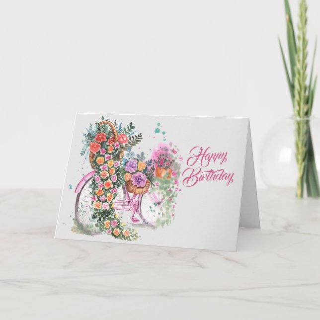 Vintag Pink Bicycle Floral Geburtstag Karte (Vorderseite)