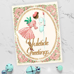 Vintag Pink Black Christmas Woman auf ihrer Mailbo Feiertagspostkarte<br><div class="desc">Bedrückt und verwittert alten Stil Afrikanisch Amerikanisch schöne klassische pinup zeichnend. gekleidet in einem schönen rot-weiß gestreiften Kleid. mit einem Blumenstrauß,  das sich zu ihrem Briefkasten hinüber lehnt. Rettich umgeben von goldfarbenem und blumengeschmücktem viktorianischen Rahmen und einem Gruß,  der personalisiert werden kann</div>