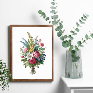 Vintag Pink Blue Yellow White Wildblumen Bouquet Poster