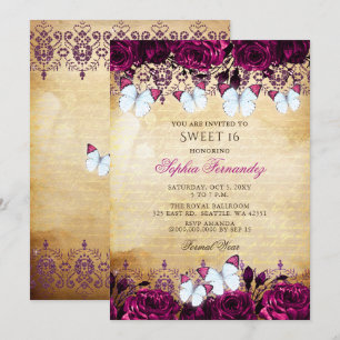 Vintag Pink Blütenschmetterling Sweet 16 Einladung