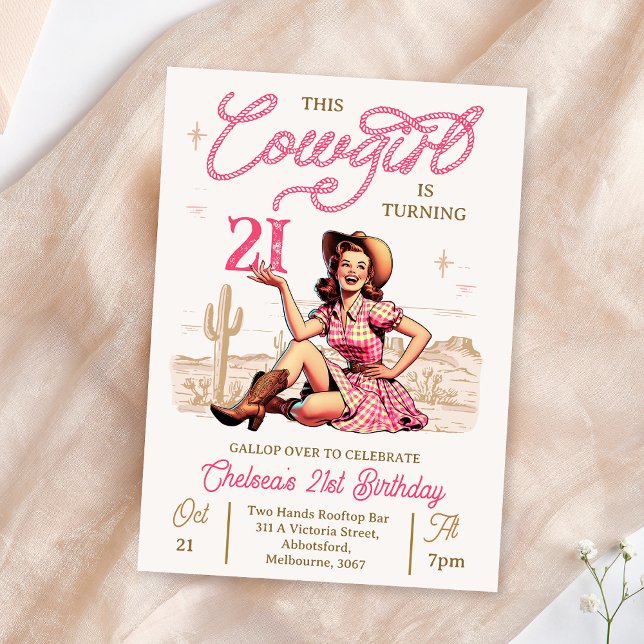 Vintag Pink Brown Cowgirl Geburtstag Einladung (Fun Cowgirl 21st Birthday Invitation, Vintage Retro Cowgirl Birthday Invitation, Any Age, Pink Brown)