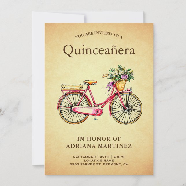 Vintag Pink Floral Bicycle Quinceanera Einladung (Vorderseite)