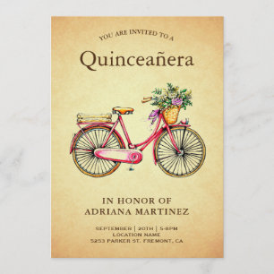 Vintag Pink Floral Bicycle Quinceanera Einladung