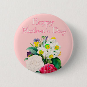 Vintag Pink Floral Bouquest Happy Mother Day Button