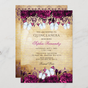 Vintag Pink Floral Butterfly Quinceañera Einladung