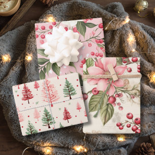 Vintag Pink, florale Weihnachten Geschenkpapier Set