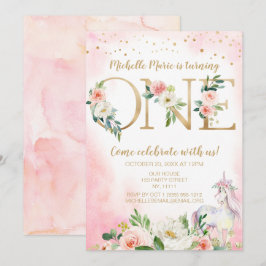 Vintag Pink Gold Floral Unicorn Erster Geburtstag Einladung