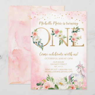 Vintag Pink Gold Floral Unicorn Erster Geburtstag Einladung