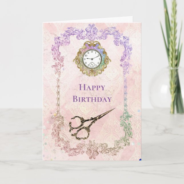 Vintag Pink Gold Scissors Glam Birthday Karte (Vorderseite)