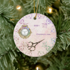 Vintag Pink Gold Scissors Glam Keramik Ornament