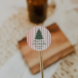 Vintag Pink Green Hand Drawn Weihnachtsbaum Runder Aufkleber