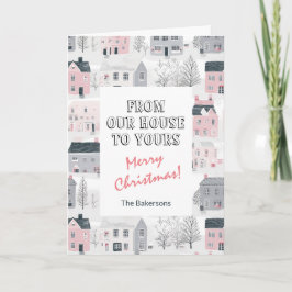 Vintag Pink Grey White Houses Weihnachtskarte Karte
