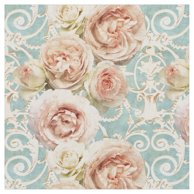 Vintag Pink Heirloom Rose Blue Damask Stoff (Nahaufnahme)