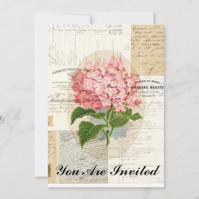 Vintag Pink Hydrangea Französisch Ephemera Einladu Einladung (Vorderseite)