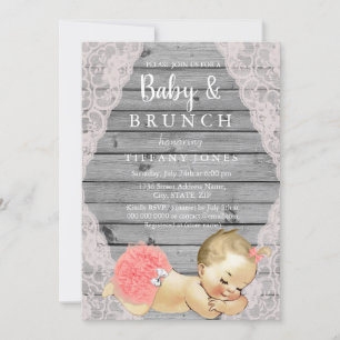 Vintag Pink Lace Rustic Grau Baby & Brunch Einladu Einladung