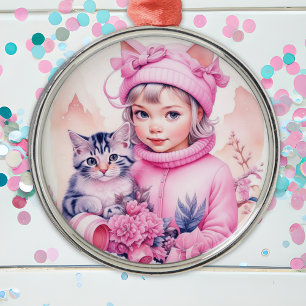 Vintag Pink Little Girl Weihnachten Ornament Aus Metall