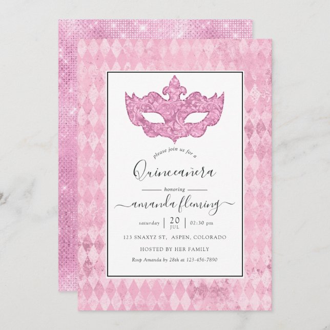 Vintag Pink Masquerade Quinceañera Einladung (Vorne/Hinten)