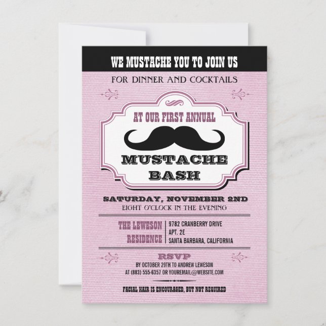 Vintag Pink Mustache Bash Einladung (Vorderseite)