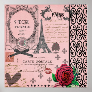 Vintag Pink Paris Collage Art Poster