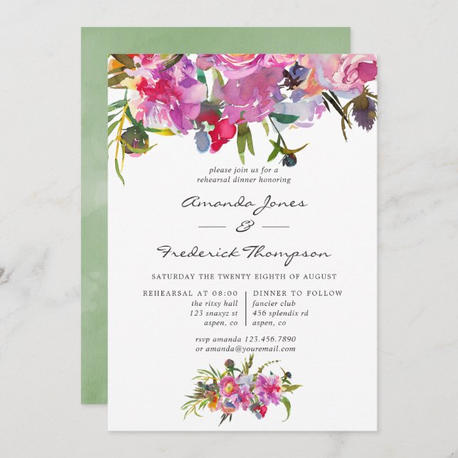 Vintag Pink Peongs Probe Abendessen Einladung (Vorne/Hinten)