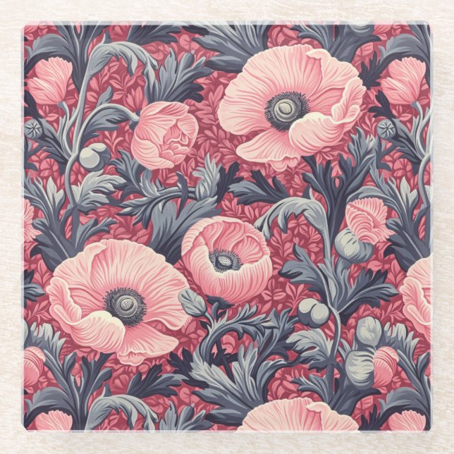 Vintag Pink Poppies floral Glasuntersetzer (Vorderseite)
