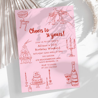 Vintag Pink Retro Gezeichnet Funky Birthday Party Einladung