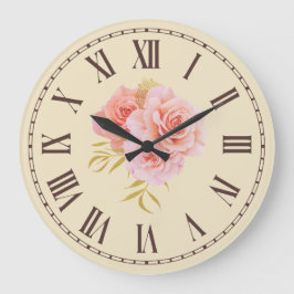 Vintag Pink Rose Blossom Golden Twig Floral Große Wanduhr