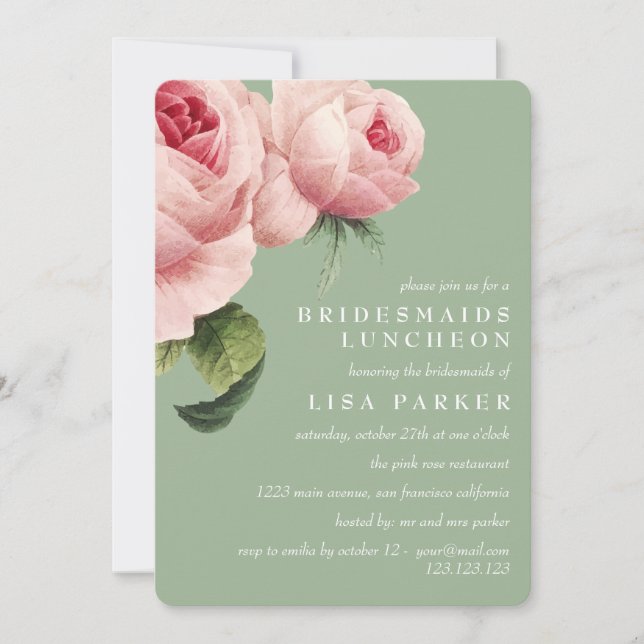 Vintag Pink Rose Sage Bridesmaid Luncheon Hochzeit Einladung (Vorderseite)