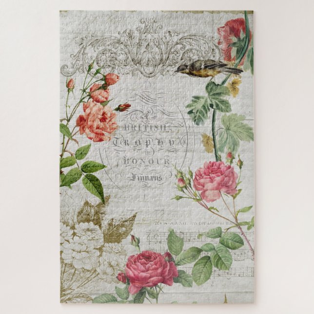 Vintag Pink Rose & Typografie Ephemera Puzzle (Vertikal)