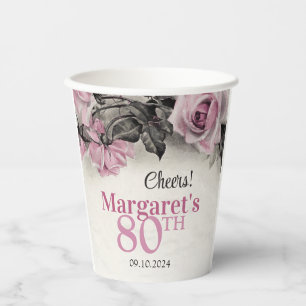 Vintag Pink Roses 80. Geburtstag Pappbecher