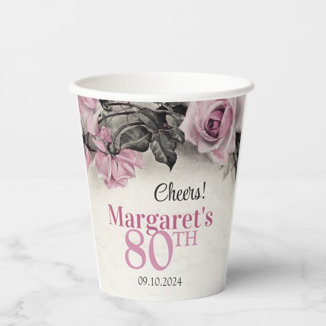 Vintag Pink Roses 80. Geburtstag Pappbecher (Vorderseite)