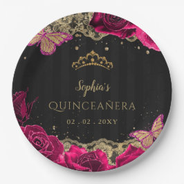 Vintag Pink Roses Black Gold Lace Quinceañera Pappteller
