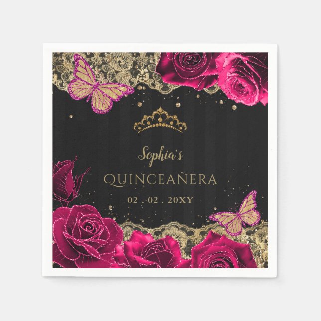 Vintag Pink Roses Black Gold Lace Quinceañera Serviette (Vorderseite)